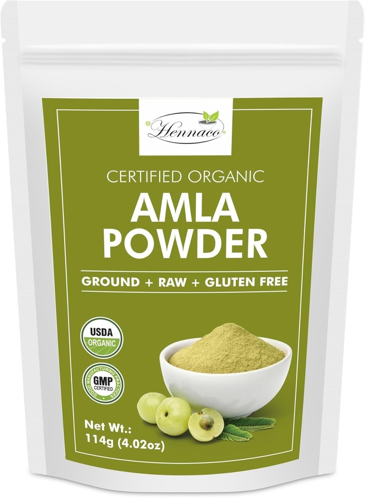 Hennaco Organic Amla Powder| 요리, 스무디 및 주스에 대한 Amla 파우더 | Resealable Zip Lock 파우치 | USDA Organic| Pure & Natural Indian Gooseberry Powder| 114 그램 (4 온스)
