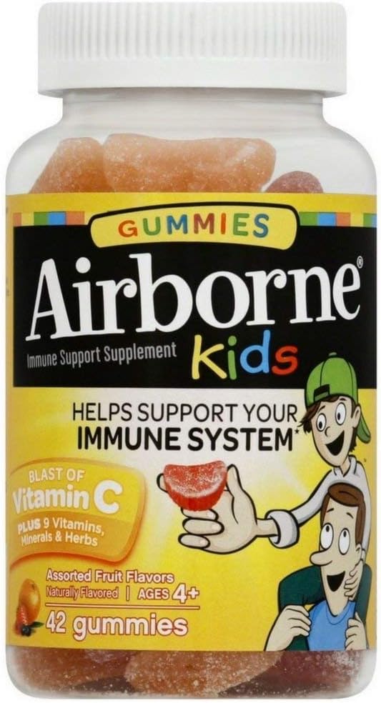Airborne 500mg 비타민 C + 아연 면역 지원 보충교재 아이를 위한 Gummies, 분류된 과일 풍미, 강력한 산화 방지제 비타민 C & E, 42 Gummies (4 팩)를 가진 글루텐 자유로운 공예품 혼합