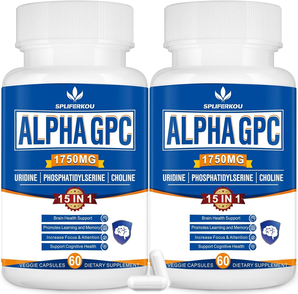 15in-1 알파 GPC는 Phosphatidylserine, Uridine, L-Theanine, 사자 Mane 버섯, 120의 캡슐을 가진 보충교재