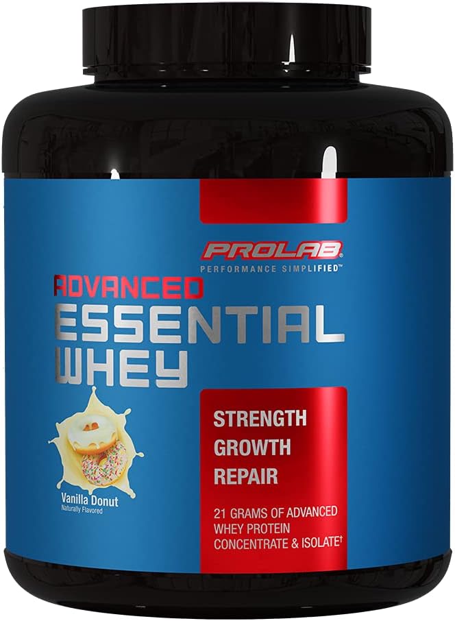 ProLab Advanced Essential Whey Protein Powder, Whey Concentrate & Isolate Blend, 21g Protein, BCAA, 소화 효소, 근육 지원 및 복구 (Vanilla Donut)