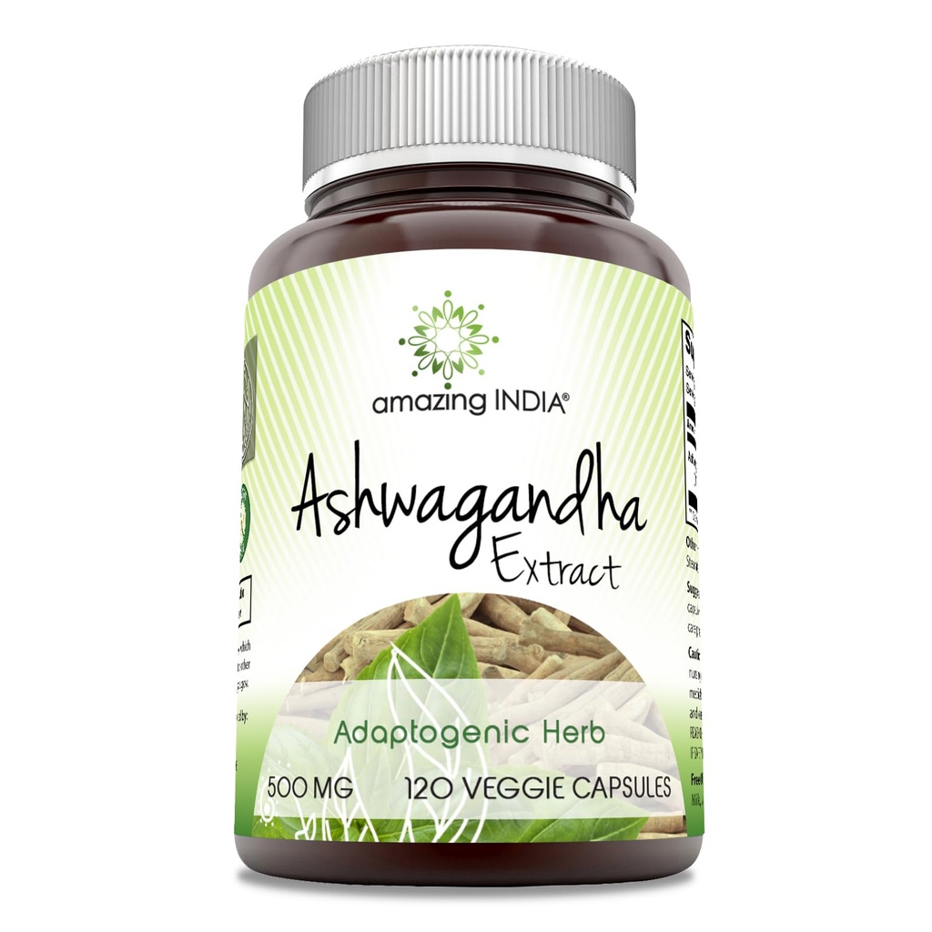 놀라운 인도 Ashwagandha 500 mg Veggie 캡슐 보충 | 자연 Ashwagandha | Non-GMO | 글루텐 무료 (120 개)