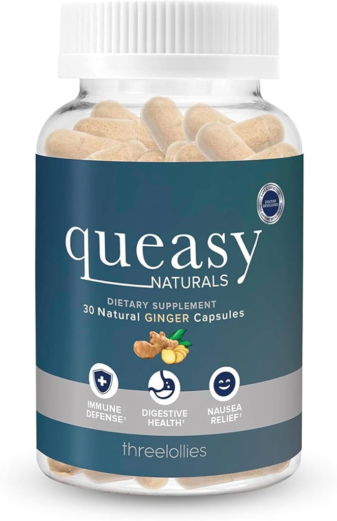 3 Lollies Queasy Naturals Ginger Capsules - Non-Drowsy Nausea Relief Supplement - Chemotherapy - 1000mg Ginger Root - 30 Caps 도중 운동 찰상 예방 & Nausea 기복