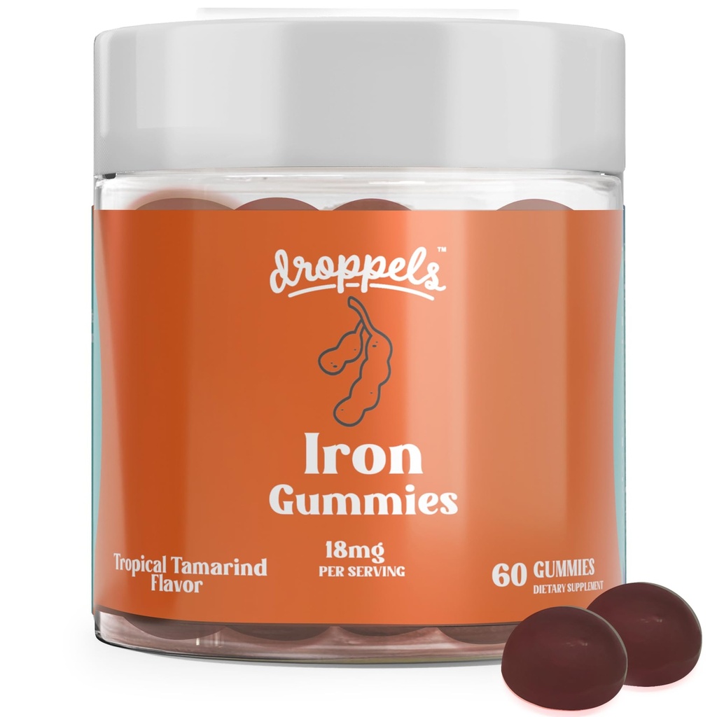 여성과 남성을 위한 Droppels 철 Gummies 18mg – Vegan Plant-Based Iron Supplement | 지원 에너지 및 혈액 건강 | Pectin-Based, Non-GMO, 글루텐 & 젤라틴 무료 | 타마린 맛, 60 개