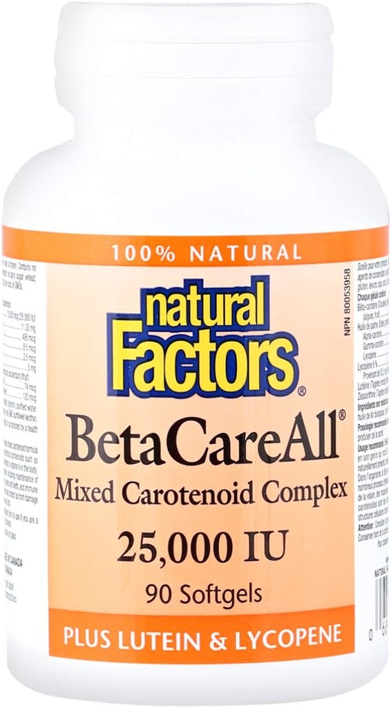 자연적인 요인, BetaCareAll 25,000 IU, 건강한 피부를 위한 비타민 A, 시각 및 면역 기능, 90 Softgels