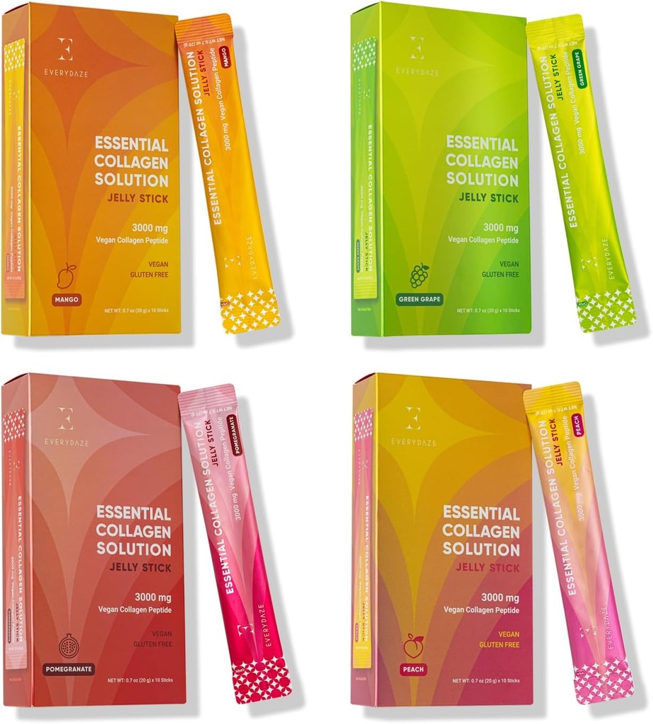 EVERYDAZE Essential Collagen 솔루션 젤리 스틱 | 40 다양성 팩 | 복숭아, 망고, 그린 포도, 석류 | Vegan Collagen Peptide Supplement | 머리, 피부, 네일, 남성 건강 & 여성