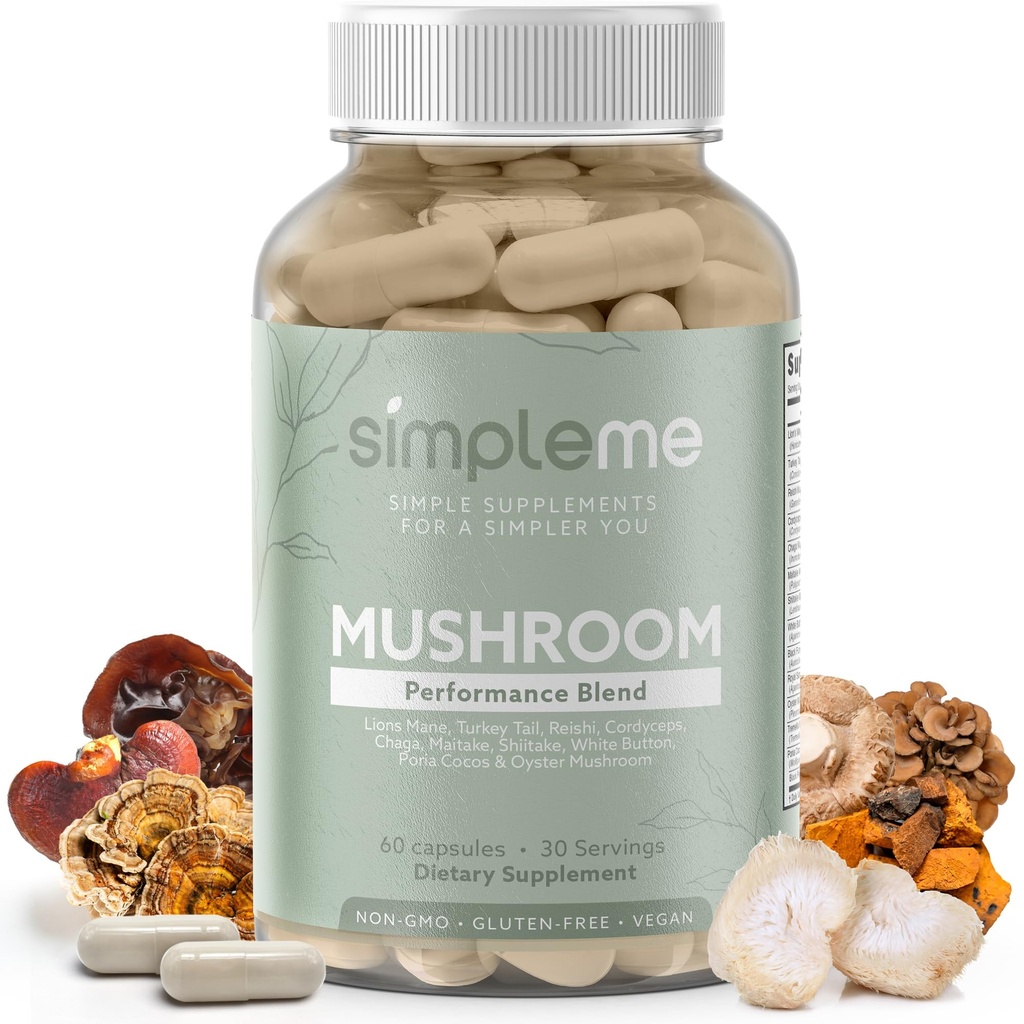 Simpleme Multi-Mushroom 보충교재 - 두뇌, 면역 지원, Nootropics를 위한 복잡한 - Lions Mane, 터키 꼬리, Reishi, Cordyceps, Chaga, Maitake, Shiitake 및 더 많은 것을 가진 성과 혼합 - 60의 캡슐