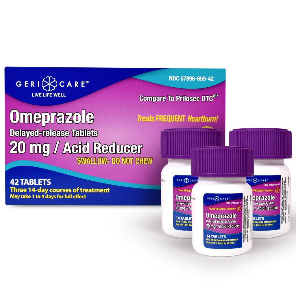 GeriCare Omeprazole 지연 방출 정제 20mg Stomach 산성 흡진기 알약 24 시간 Heartburn 구호 산 Reflux 약을 위한 Frequent Heartburn- 반대로 산 기복 정제 (42 조사)