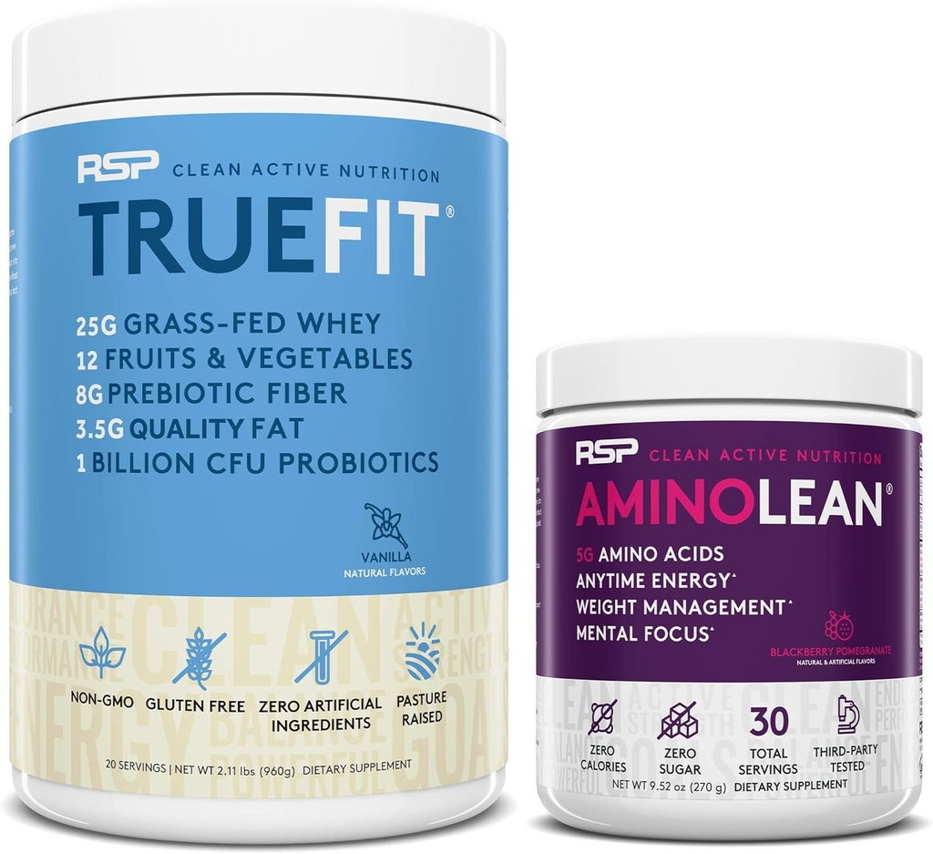 RSP NUTRITION AminoLean Pre 운동 에너지 (BlackBerry Pomegranate 30 서빙) TrueFit Protein Powder (Vanilla 2 LB)