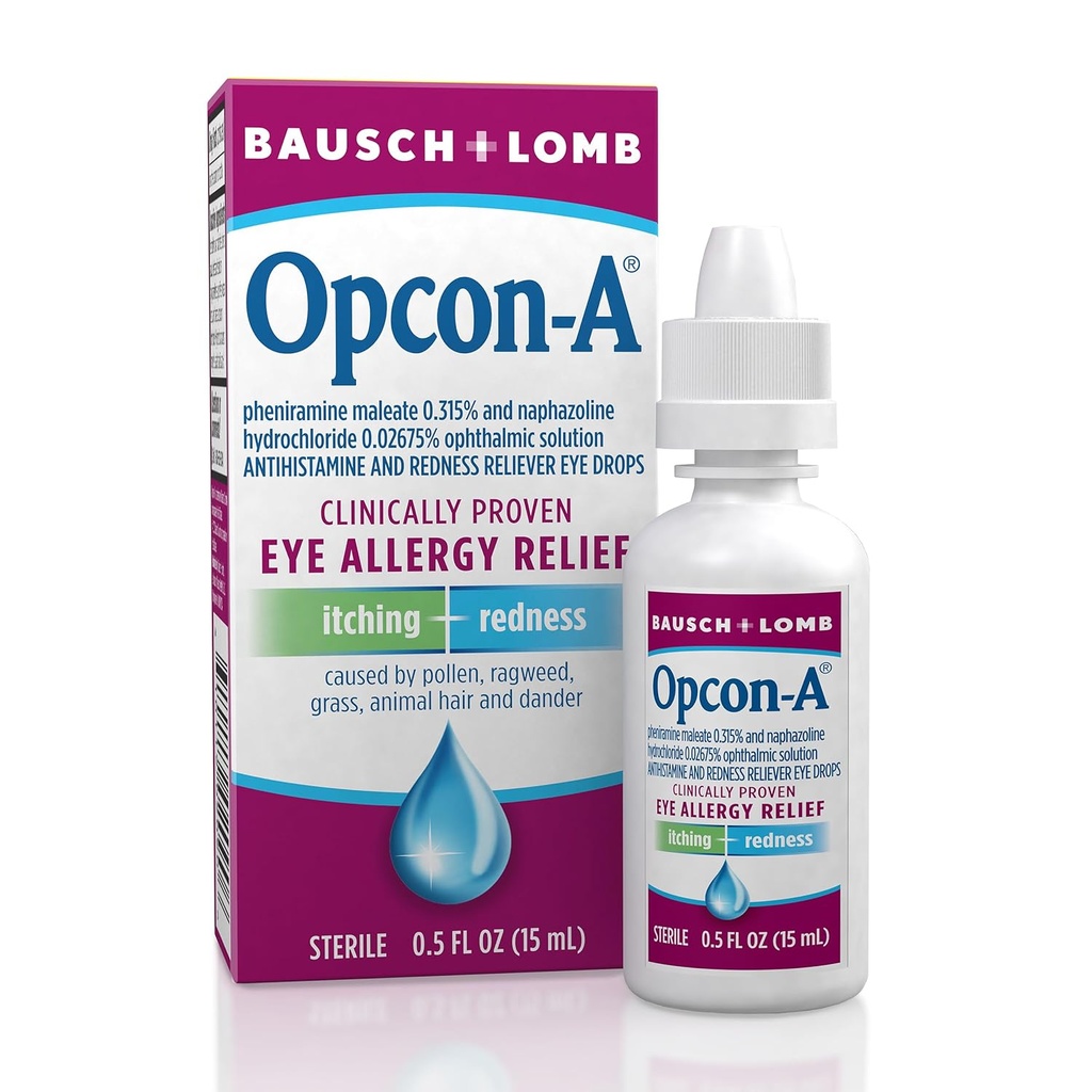 Opcon-A Allergy Eye Drops by Bausch + Lomb, Itch and Redness Relief, Red and Itchy Eyes Antihistamine Eye Drop, 임상적으로 입증 된 치료, 0.5 Fl Oz