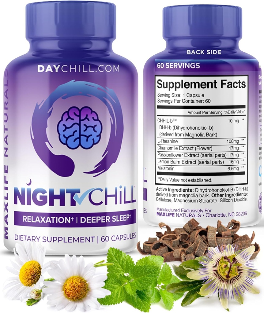밤 Chill Sleep Supplement - 60 캡슐 - Magnolia Bark 및 L-Theanine Supplement의 DHH-B와 완벽하게 수면 지원 - 스트레스 Calm Mood 지원 - MaxLife Naturals의 성인을위한 수면 알약