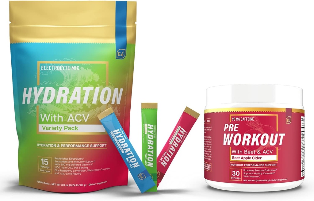 Sugar Free Hydration Powder Packets Variety - 15 스틱 팩 & ACV가있는 PreWorkout Powder | 열, 운동, 여행, 매일 Hydration + Superfood Energy & All-Natural Nitric Oxide Booster Plus 카페인