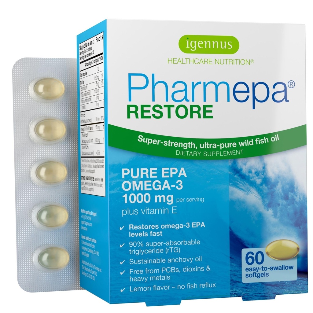 Igennus Pharmepa Restore, 순수한 EPA 1000mg의 Omega 3 rTG 물고기 기름, 증명되는 IFOS, 높은 흡수, 90% 농도 세 배 힘, 야생 & 지속 가능한, 레몬 풍미, 1 달 공급, 60 Softgels