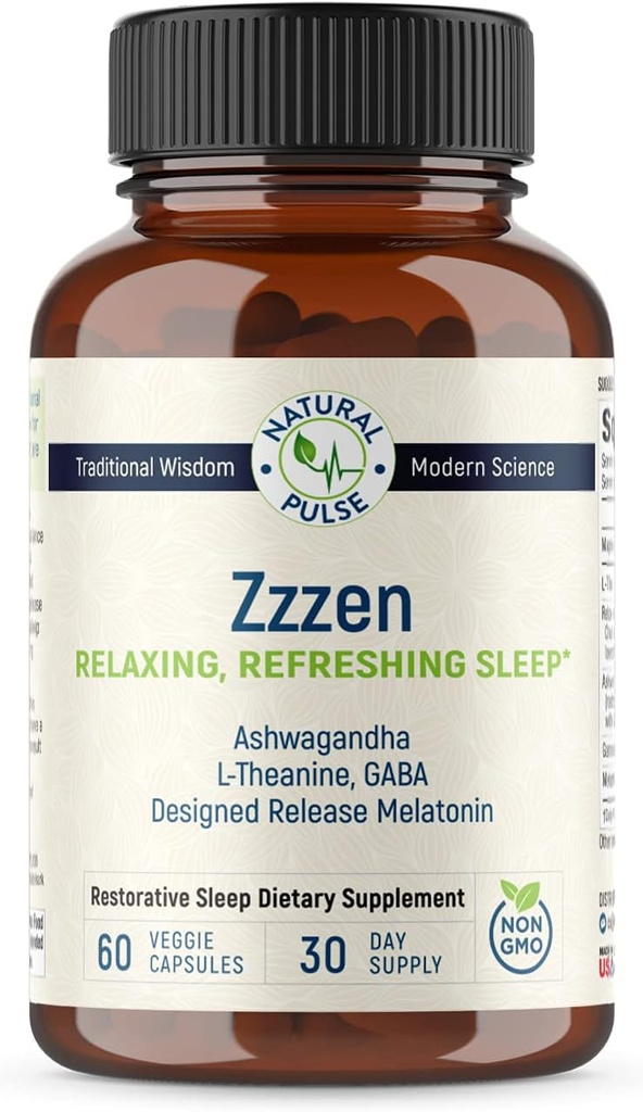 Zzzen, Relaxing Refreshing Sleep, 스트레스를 완화하고 Mood, L-Theanine, Ashwagandha, GABA, Melatonin, 식물 혼합, NonGMO, 수면 보조 및 성인을위한 보충, 60 모자