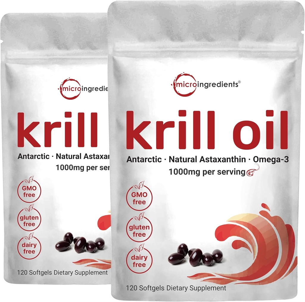 2 팩 Antarctic Krill 기름 보충교재, 서빙 당 1000mg, 120 Soft-Gels 각, Omega-3s, EPA, DHA & Astaxanthin에 있는 부유한, 지원 뇌 건강, 우수한 Krill 기름 캡슐 액체 Softgels