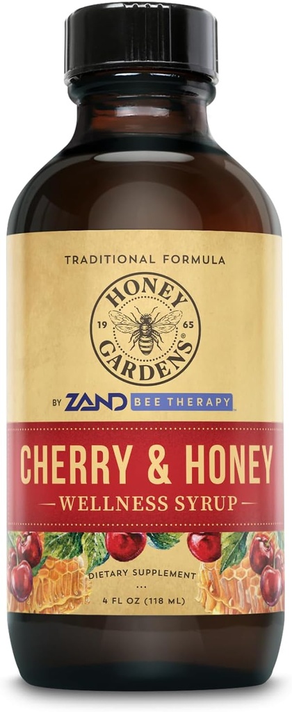 꿀 Gardens Cherry & Honey Soothing Throat Syrup, Apitherapy Formula with Organic Raw Honey, Organic Apple Cider Vinegar, Black Cherry 및 초본 추출물, 24 서빙, 4 FL. OZ.