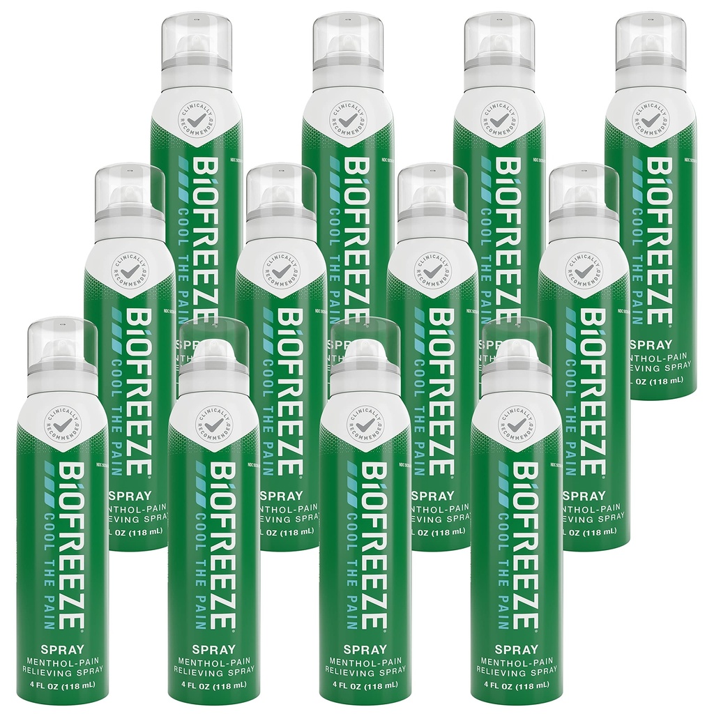 Biofreeze Menthol Pain Relieving Spray 4 FL OZ 무색 에어로졸 스프레이 (12 팩) Sore Muscles, 관절염, 간단한 허리 통증 및 관절 통증과 관련된 통증 완화
