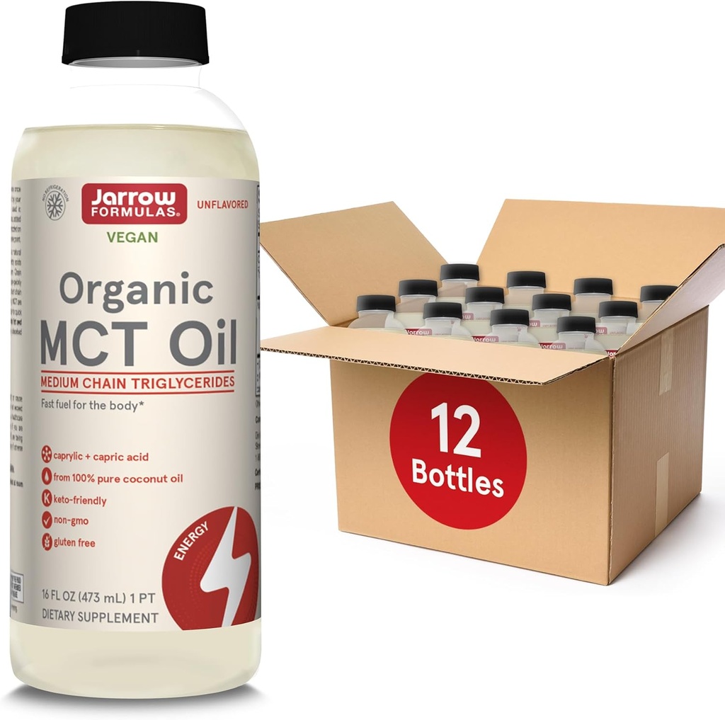 Jarrow Formulas Organic MCT Oil - 16 fl oz - 뇌 및 근육을위한 빠른 연료 - Caprylic (C8) + Capric Acid (C10) - Ketogenic Diet Friendly Supplement - Unflavored (12의 포장)