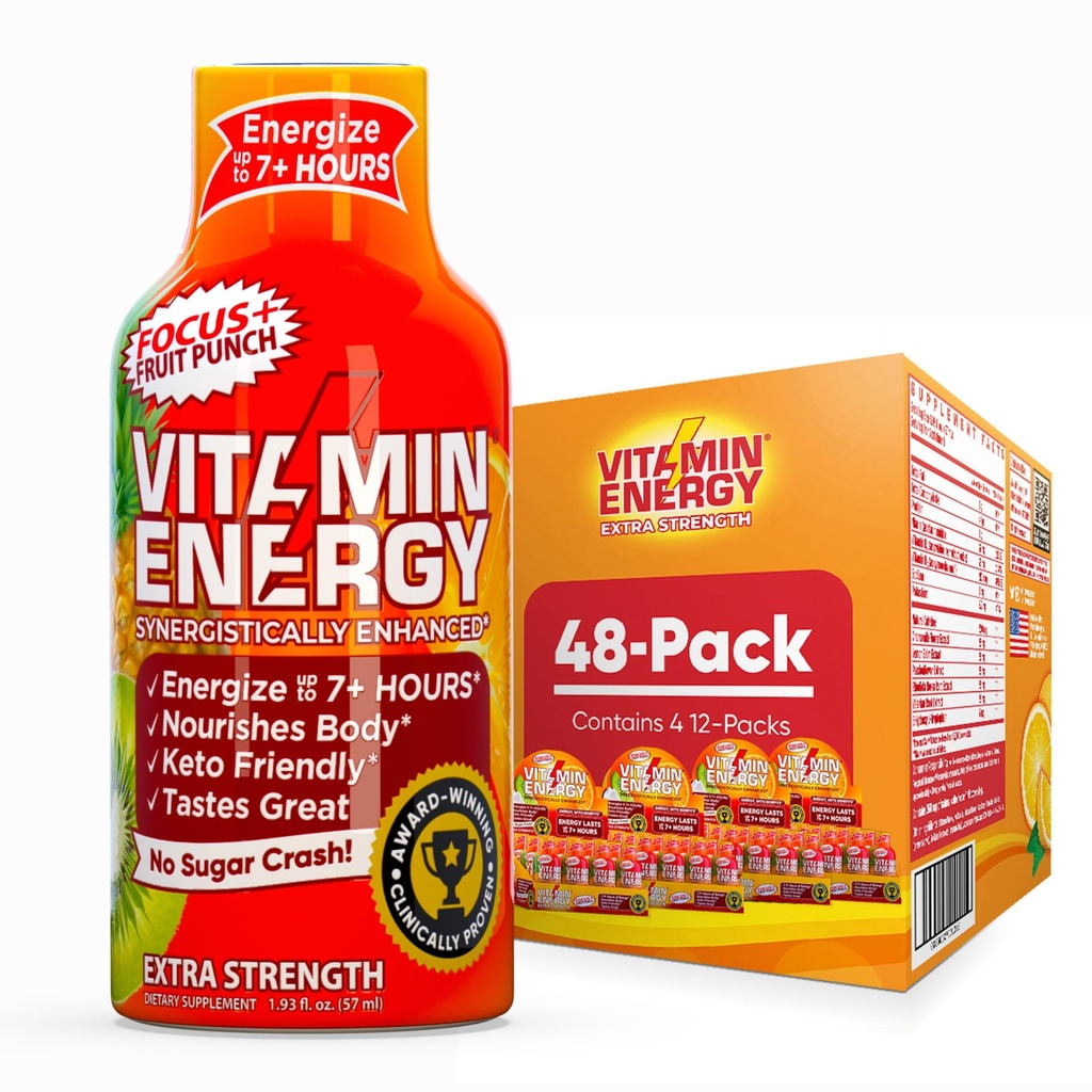 비타민 에너지 Focus+ 여분 힘 에너지 탄 과일 펀치 48 팩, 260mg 자연적인 카페인, B 비타민, CoQ10, 아미노산, 초점, 생산력 & 명확성, 영 설탕, 글루텐 자유로운, 1.93 fl oz