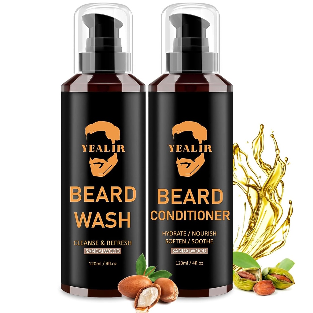 남자를위한 Beard 세척 및 컨디셔너 - Argan & Jojoba Oil과 함께 부드러운 & Hydrate - 신선한, 부드러운 & Tangle-Free Beard - 2-Pack (4oz 각각)