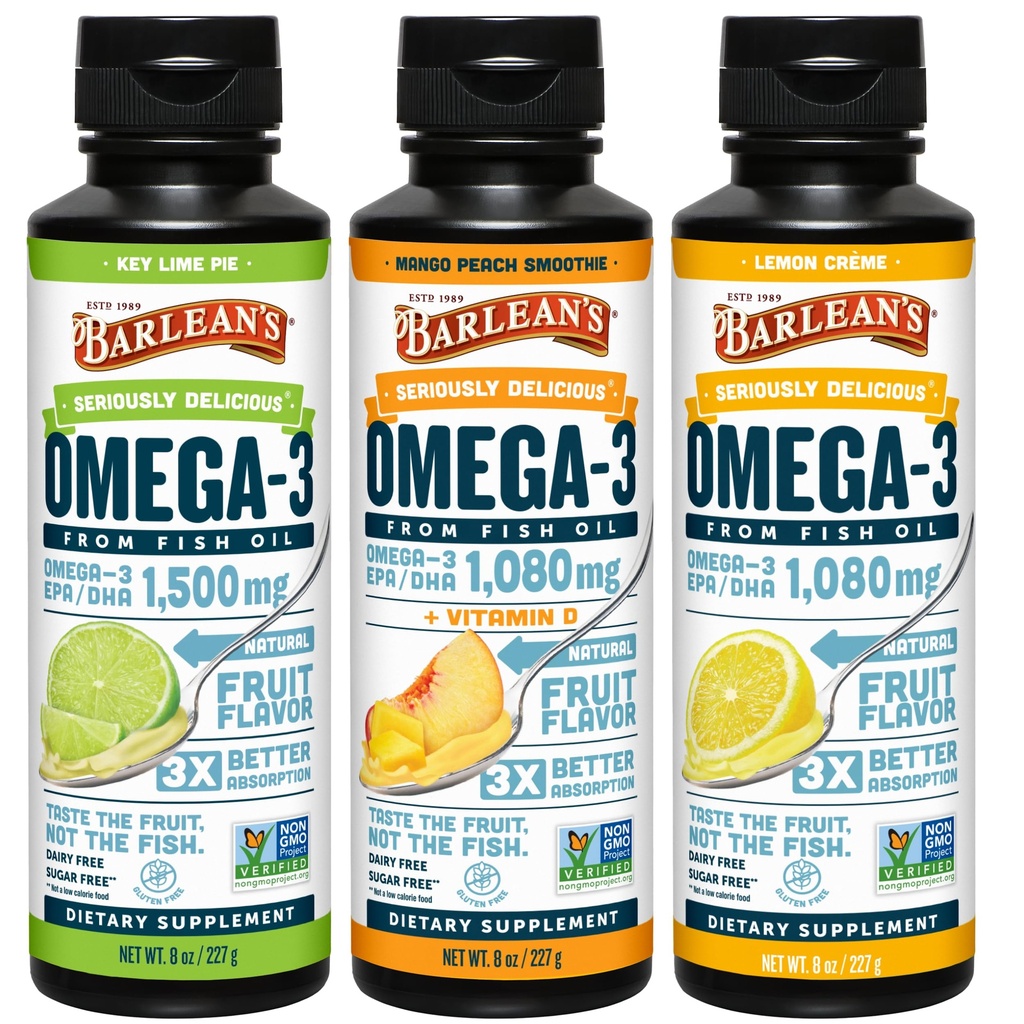 Barlean 's Omega 3 Fish Oil Liquid Supplement 3-Flavor Variety Pack for Men and Women, EPA 및 DHA Fatty Acid, Key Lime Pie, Lemon Crème 및 Mango Peach 풍미, 8 oz 포함