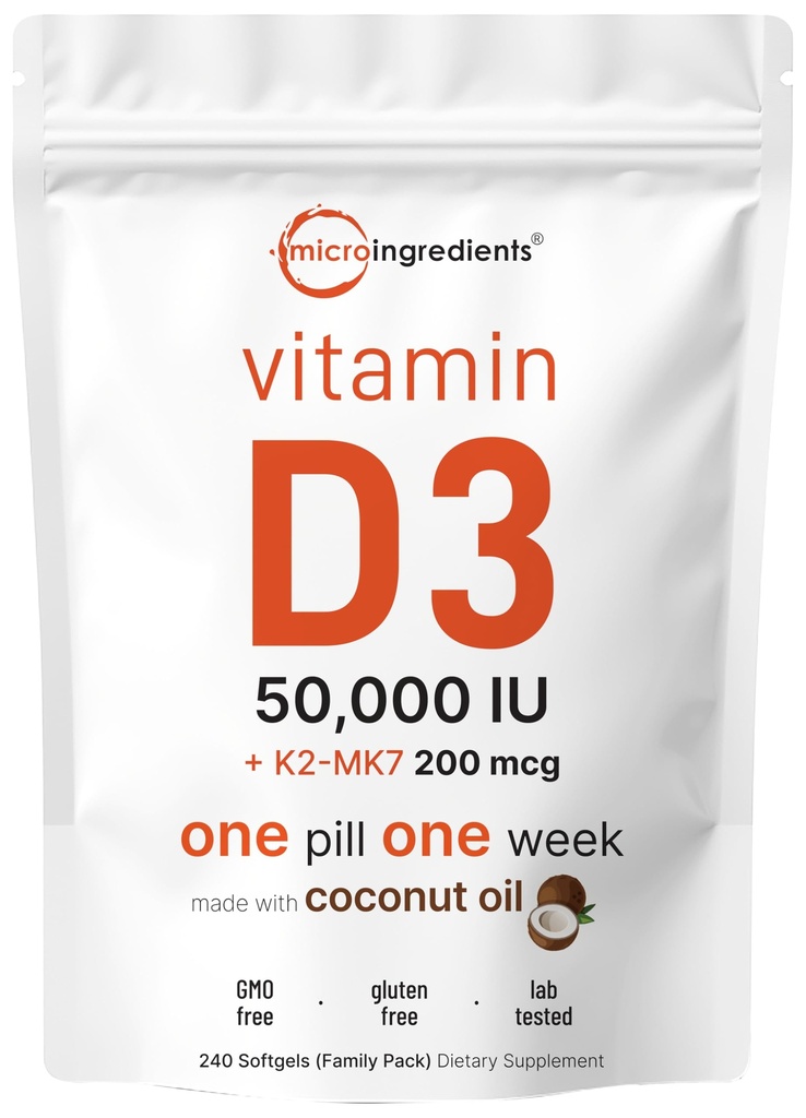 마이크로 성분 비타민 D3 50,000 IU + K2 MK-7 200 mcg, 240 Softgels | 버진 코코넛 오일 | 2-in-1 Bone, Immune & Heart Support | 삼키기가 쉽고 비 GMO
