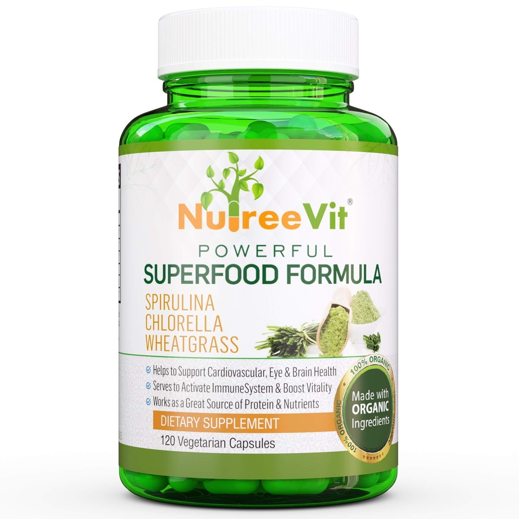 NutreeVit 순수 100 % 유기 Spirulina + Chlorella + Wheatgrass - 에너지 부스터, 면역 지원, 강력한 Superfood 항산화 - Veggie 캡슐 | 500mg