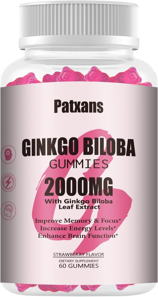 1 팩 2000mg Ginkgo Biloba Gummies - Ginkgo Biloba는 뇌 건강 지원, Mood 및 초점, 에너지, 성인, 딸기 풍미, 60 조사를 위해 보충합니다