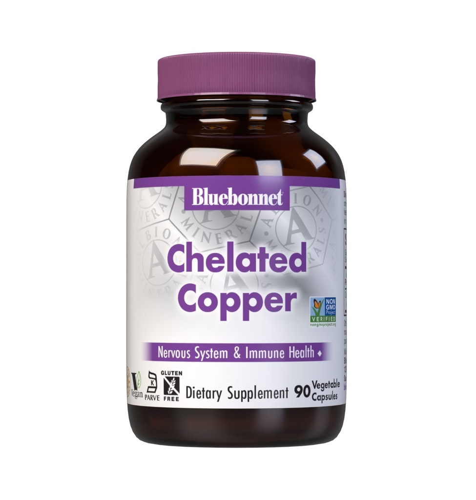 Bluebonnet Nutrition Albion Chelated Copper, Nervous System & Immune Health*, Soy-Free, Gluten-Free, Non-GMO, Kosher Certified, Dairy-Free, Vegan, 90 식물성 캡슐, 90 서빙