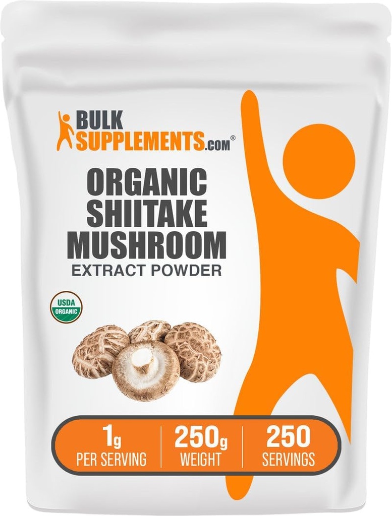 BulkSupplements.com 유기 Shiitake 버섯 추출물 분말 - 유기 Shiitake 버섯 분말 보충, 면역 지원 - Vegan & 글루텐 무료, 서빙 당 1g, 250g (8.8 oz) (팩 1)