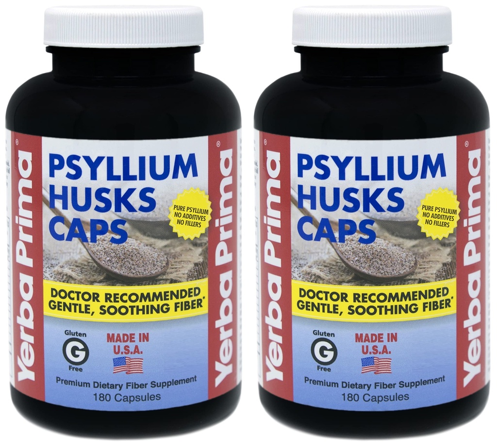 Yerba Prima Psyllium Husk Caps - 180 캡슐 (팩 2) - 삼키기 섬유 보충 - 콜론 클렌징 - Gut Health - Non-GMO 글루텐 무료