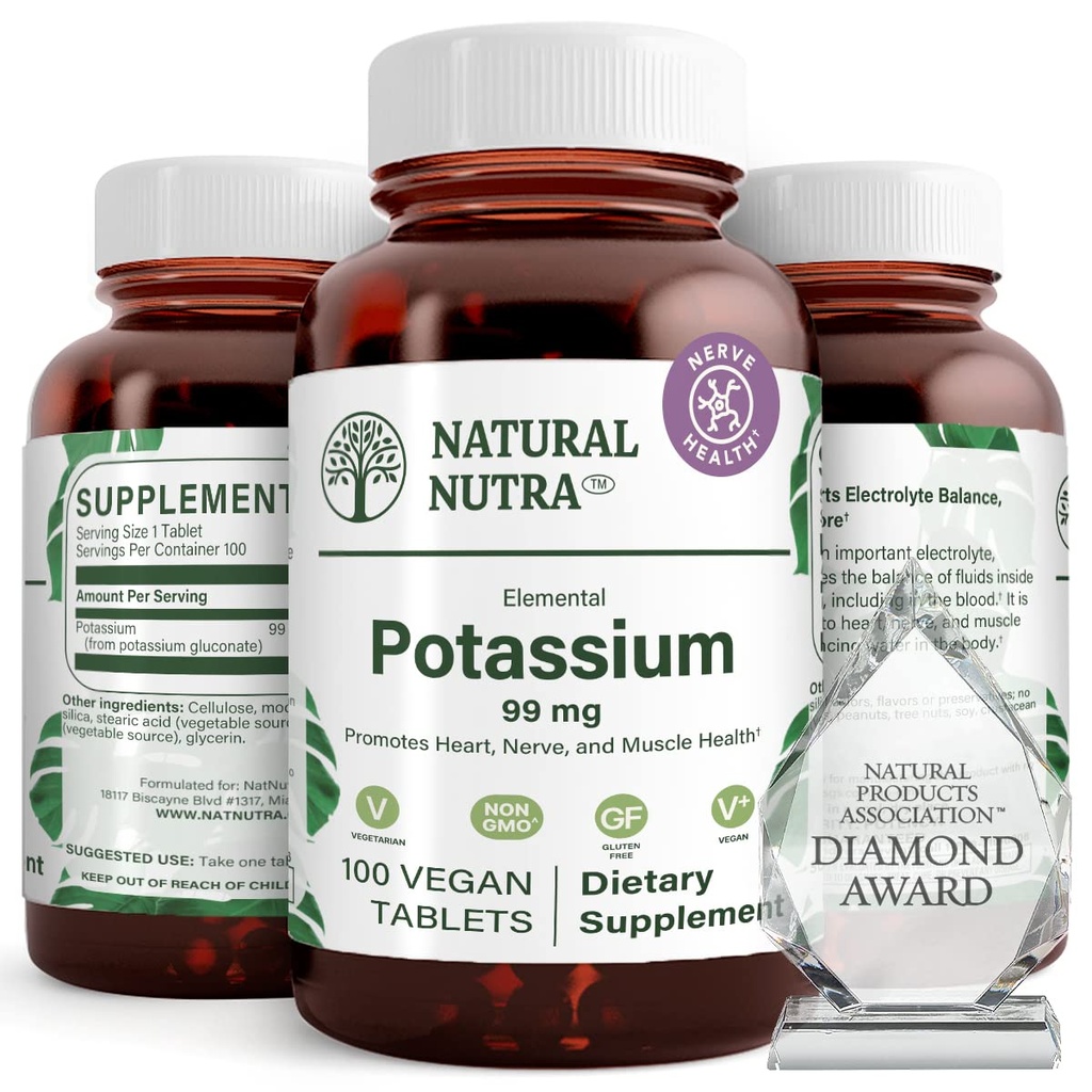 Natural Nutra Elemental Potassium Gluconate 99 mg Dietary Supplement - 에너지, 도움 Boost Nervous 시스템, 심장 건강, 미네랄 규정, 근육 기능 촉진 - 100 Vegan 정제
