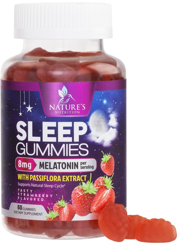 성인 여분 강도 8mg에 대 한 수면 Gummies - 쉼 수면을위한 Passiflora 추출물을 가진 Melatonin - 빠른 행동 Melatonin 수면 Gummy 보충, Vegan, Non-GMO, 맛있는 Strawberry 맛 - 60 Gummies