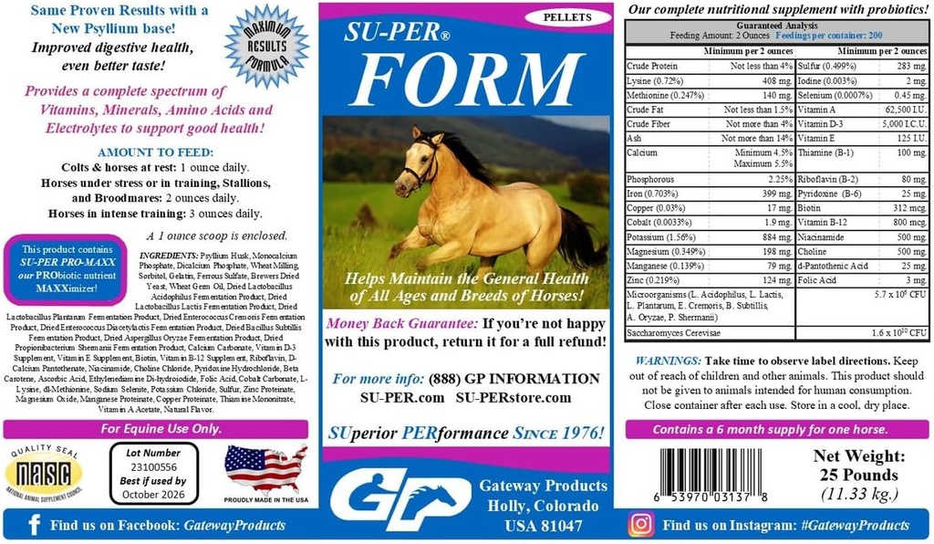 SU-PER Form Horse Vitamins and Minerals Pellets - Probiotics와 영양 보충 - 비타민, 미네랄, 아미노산 및 전해질 - 일반 건강 유지 - 25 파운드, 6 개월 공급