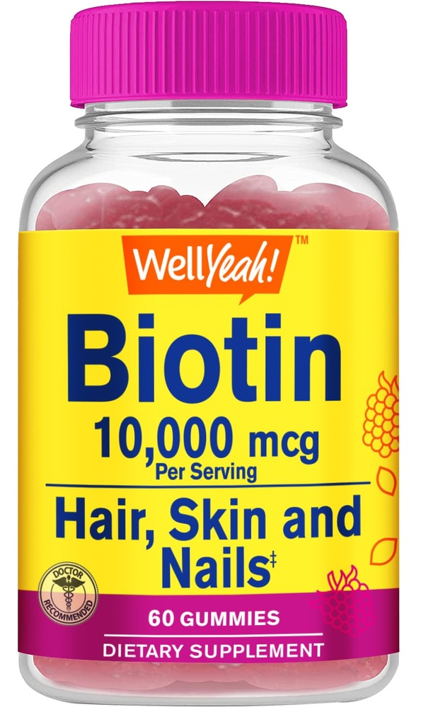 WellYeah 높은 효능 Biotin 10,000 mcg Gummies - 더 강한 머리카락, 피부 및 손톱 - Vegan-Friendly, Gluten-Free, Non-GMO 및 맛있는 Berry 맛 - 60 Gummies