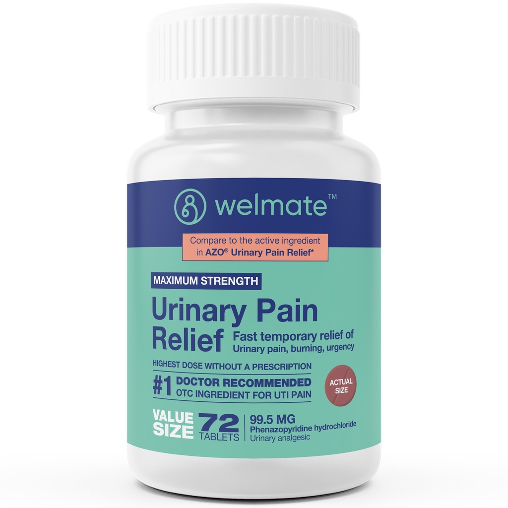 WELMATE - 소변 통증 완화 (72 정제) - Phenazopyridine 염산염 99.5mg - 소변 통증, 긴급 및 불편 - 최대 힘 - Over-The-Counter 약물