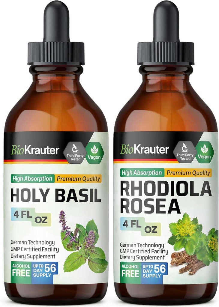 BIO KRAUTER Holy Basil Tincture 4 Fl. Oz. & Rhodiola Rosea Tincture 4 Fl. 오즈.