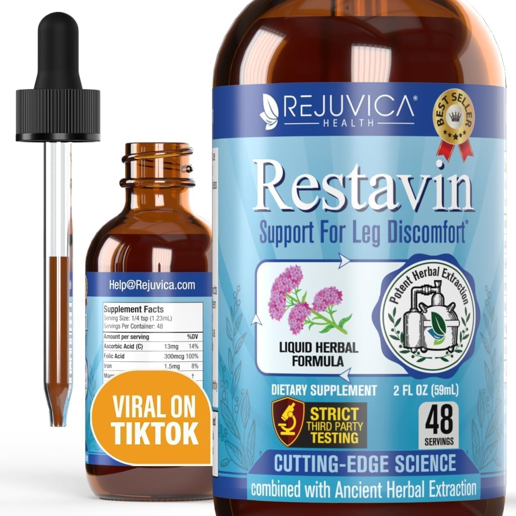 Restavin - 고급 다리 지원 보충교재 - 더 나은 흡수를 위한 액체 납품 - 비타민 C, 철, Valerian, Turmeric, 마그네슘 & 더 많은 것!