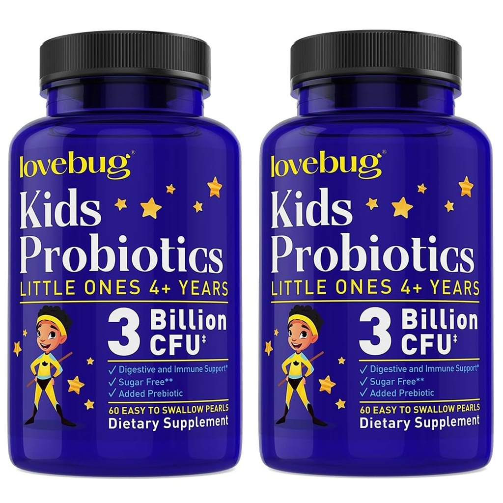 아이를 위한 LOVEBUG Probiotics - 아세드 4를 위한 Prebiotics를 가진 아이 Probiotic Chewables, 매일 아이들의 Gut 건강, 변비, 소화 & 면역 지원 보충교재, 설탕 자유로운, 120 연약한 진주