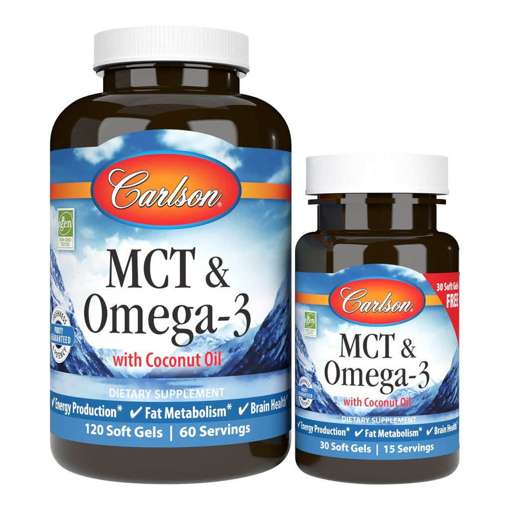 Carlson - MCT & Omega-3의 야자열매 기름, Caprylic & Capric 산, EPA & DHA의 에너지 생산, 뚱뚱한 대사 & 뇌 건강, 120+30 Softgels