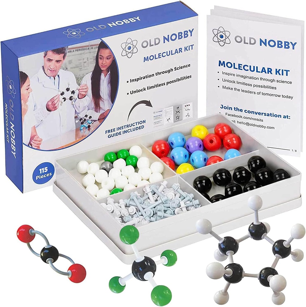 Old Nobby Chemistry Model Kit - 115 조각 분자 모델 세트에는 원자, 채권, 지침 가이드 - 학생, 유기 화학, 분자 학습을위한 STEM 과학 도구 - 다채로운 모델