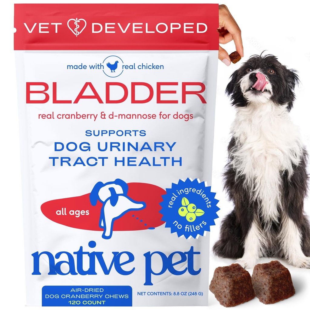 네이티브 애완 동물 개 UTI 치료 - Dogs Bladder Control & Kidney Support - Urinary Tract Infection 및 Urinary Incontinence 방지 - Real Cranberry Extract - 120 Chews로 만든