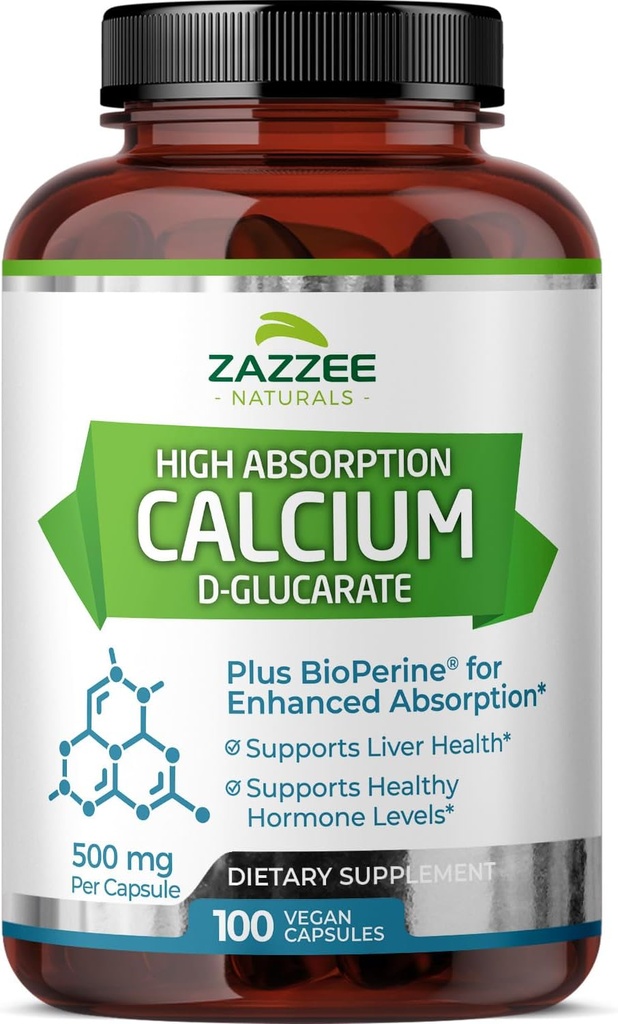 Zazzee 높은 흡수 칼슘 D-Glucarate, 캡슐 당 500 mg, 강화된 흡수를 위한 3 mg BioPerine, 100 Vegan 캡슐, 더하기 Broccoli 10:1 추출물, 100% 채식주의자, CDG, 모든 자연 및 비 GMO