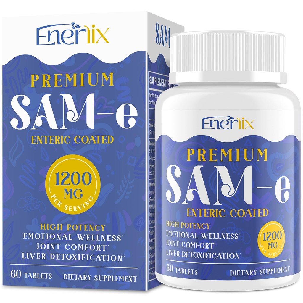 1200 MG SAM e는 뇌, 계류, 합동 및 간결, 높은 흡수 SAM-e (S-Adenosyl-L-Methionine)를 위한 보충 CoQ10, 5-HTP, Enteric 입히는 60 정제, Vegan를 입혔습니다