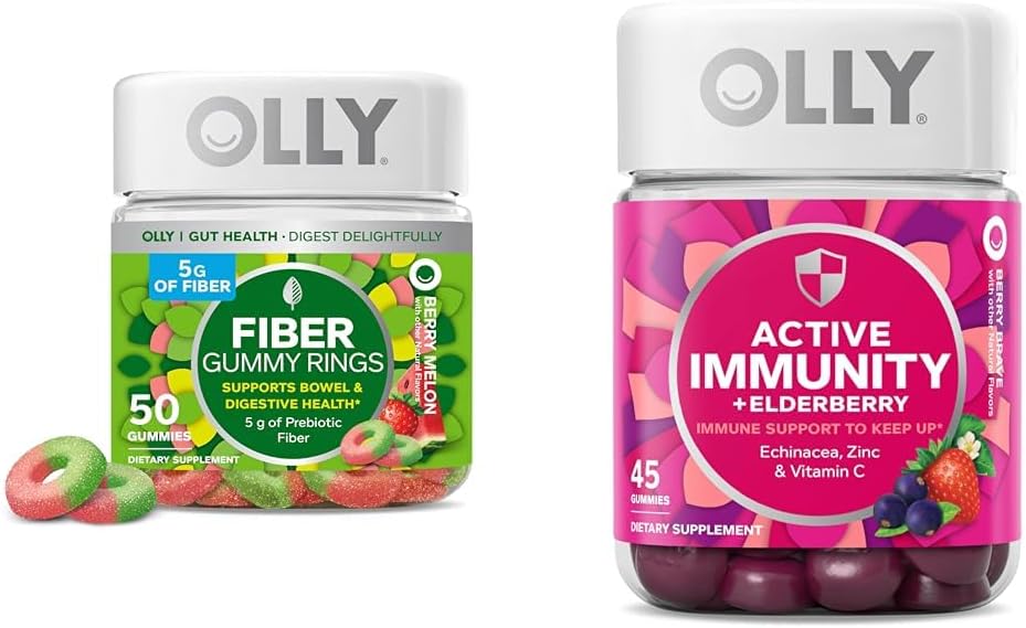 OLLY 섬유 거미 반지 50ct & 활동적인 Immunity+Elderberry Gummies 45ct 베리 풍미 소화 & 면역성이 있는 지원
