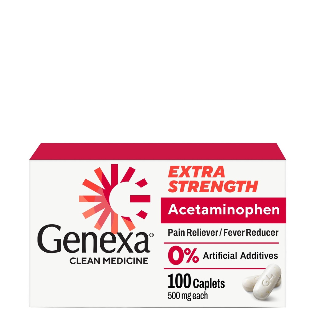 Genexa 청결한 Acetaminophen 500mg 여분 힘, 염료 자유로운 고통 Reliever Fever 흡진기, 성인을 위한 0% 인공 첨가물, 고통 약, Relieves 두통, 두통 관절염 고통, 100개의 정제