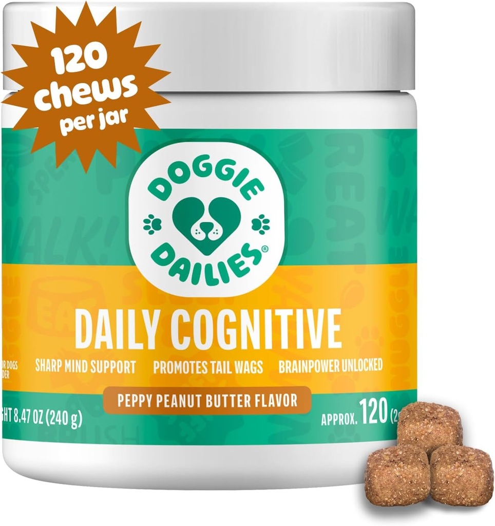 Doggie Dailies Cognitive Puppy Chews, DHA, Selenium, Organic Ashwagandha & Antioxidants를 가진 비타민 뇌 건강, 신경 시스템 기능 및 촉진 Calmness (Peanut Butter) 120 연약한 Chews