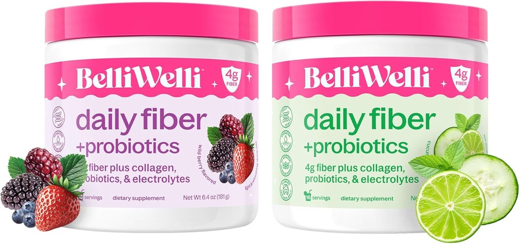 Collagen, Probiotics & Electrolytes와 함께 매일 섬유 보충 번들 - 소화 건강, 정기성 및 피부 건강을 지원합니다 – Cucumber Lime Mint & Wild Berry flavors – 32 서빙 총