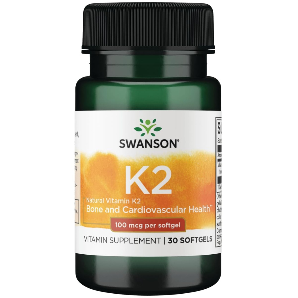 Swanson Vitamin K2 (Menaquinone-7) - 비타민 보충 심혈관과 뼈 건강 - 칼슘을 규제하는 데 도움이되는 일본 Natto에서 만든 - (30 Softgels, 100mcg 각각)