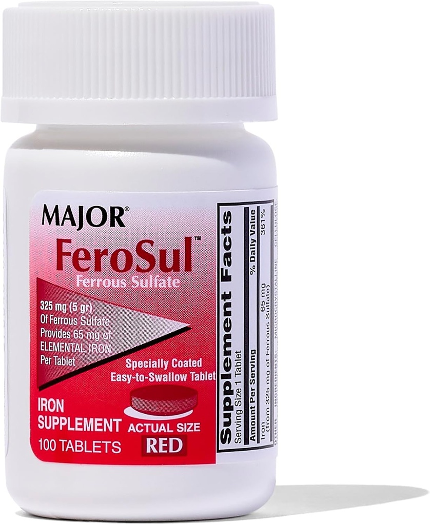 주요 Ferosul - 성분 철의 65mg를 가진 철 황산염 325mg 정제 - 여자를 위한 철 보충교재, 남자 - 빨강 - 100 조사