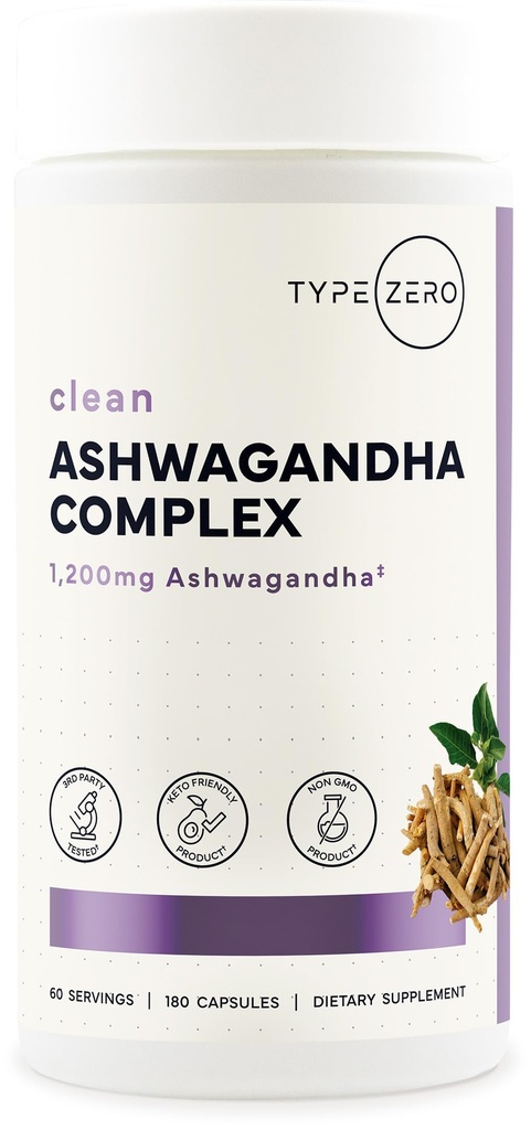 유형 Zero KSM-66 Ashwagandha 뿌리 추출물 1,200mg, 60 서빙 - 심황, Rhodiola Rosea 및 BioPerine Black Pepper Extract - 180 Veggie Caps